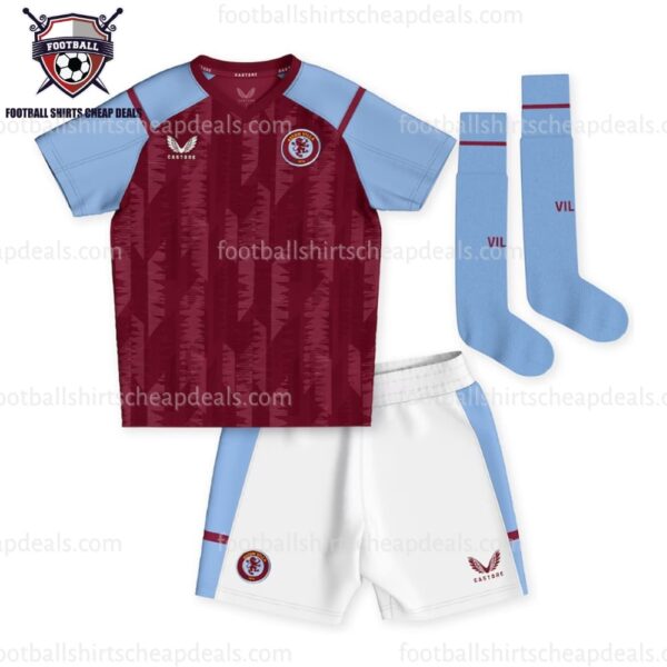 the front of Aston Villa Home Kid Football Kit 2023/24