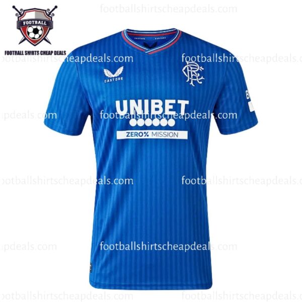 the front of Rangers Home Kid Football Kit Cheap Deals 2023/24