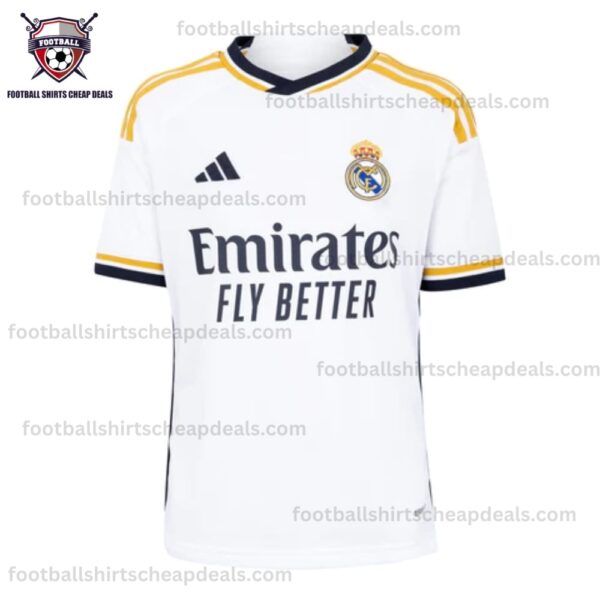 the front of Real Madrid Home Kids Shirt 2023/24